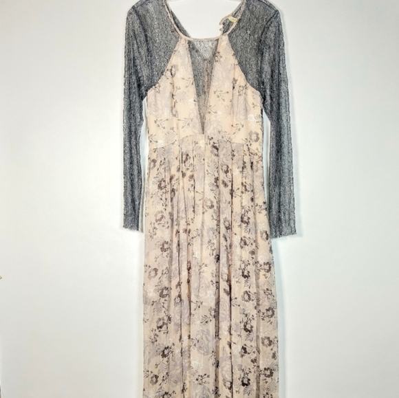 🦄RARE Free People Floral Lace Cream Grey Watercolor Maxi Dress Size 12 - Picture 14 of 15